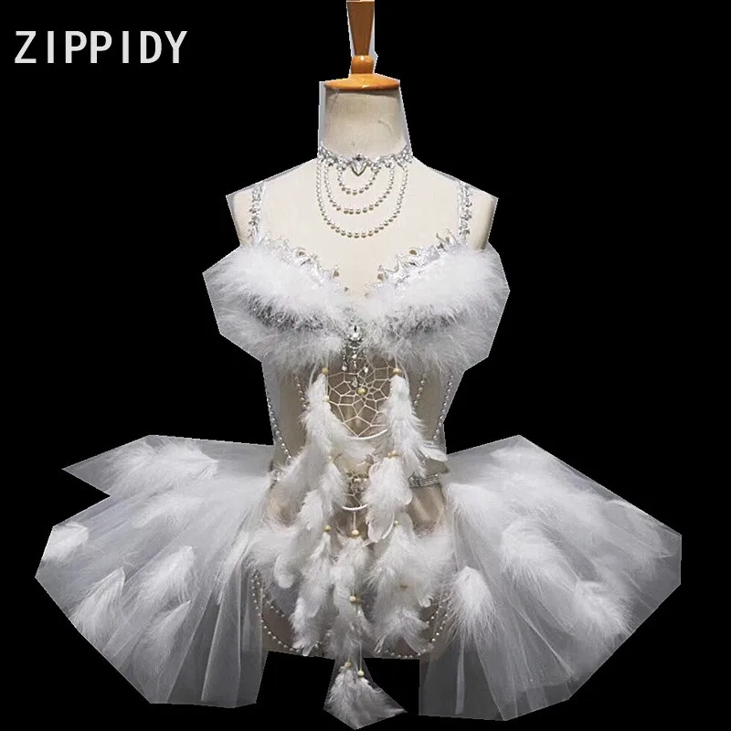

Silver Rhinestones White Feather Bra Mesh Skirt Women's Bikini Outfit Set Nightclub Singer Dance Show Outfit Birthday Party Wear