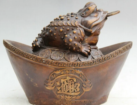

JP S0524 12" Chinese Bronze Folk Wealth Yuan Bao Golden Toad Spittor Statue sculpture (B0413)