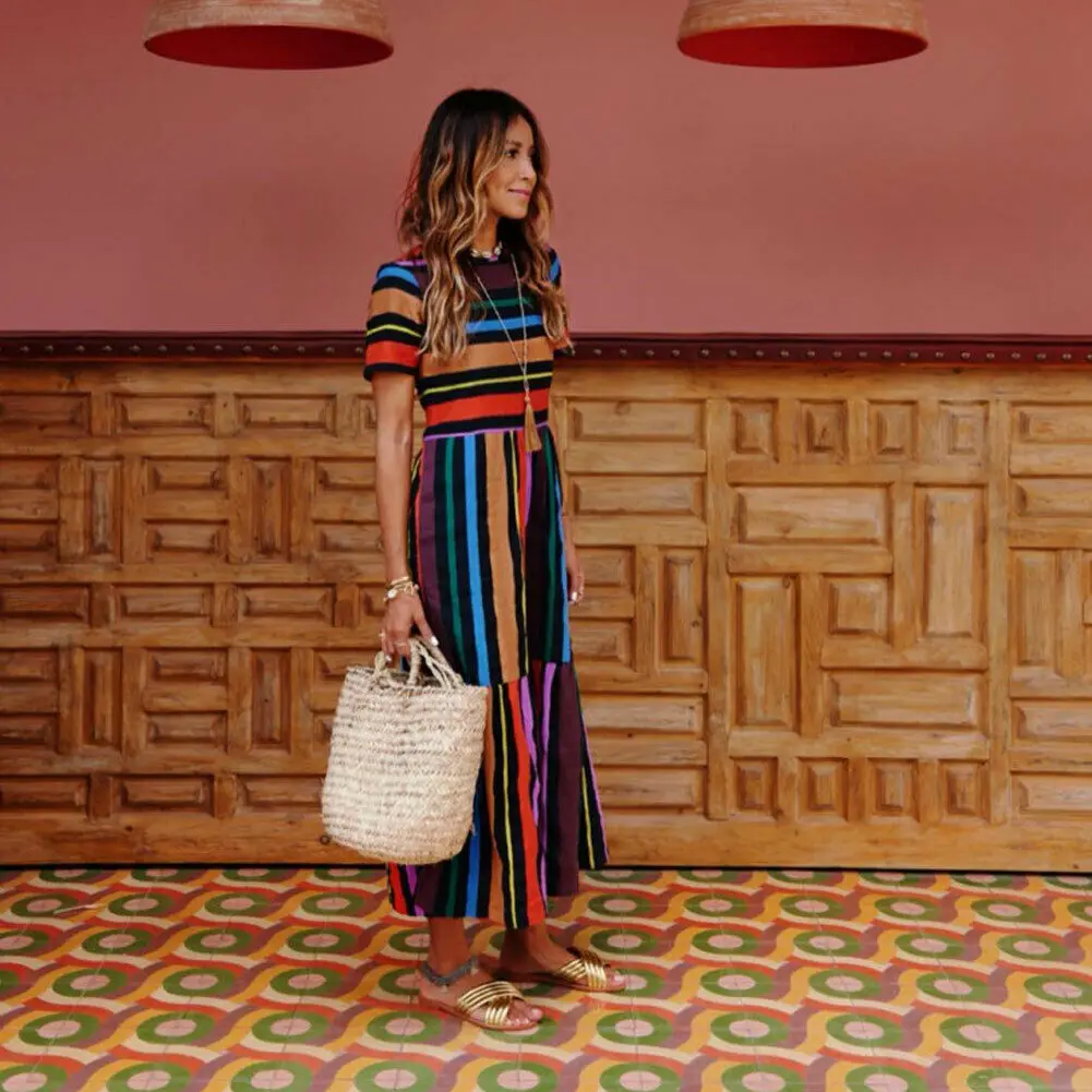 

Hot Sale 2019 Women Summer Ladies Sexy Comfy Short Sleeve Summer O-neck Rainbow Stripe Printed Evening Party Beach Casual dress