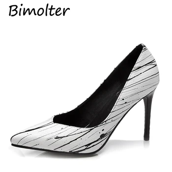 

Bimolter Fashion Print Cow Leather Pumps Thin Heels Pointed Toe Shoes Women Spring Summer Dress Wedding Party Leisure shoes C033