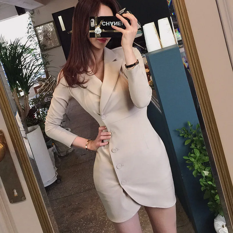 2019 Autumn New Korean Version of OL Temperamental Suit Collar Waist-wrap Suit Dress Woman Suit Dress Women Clothes