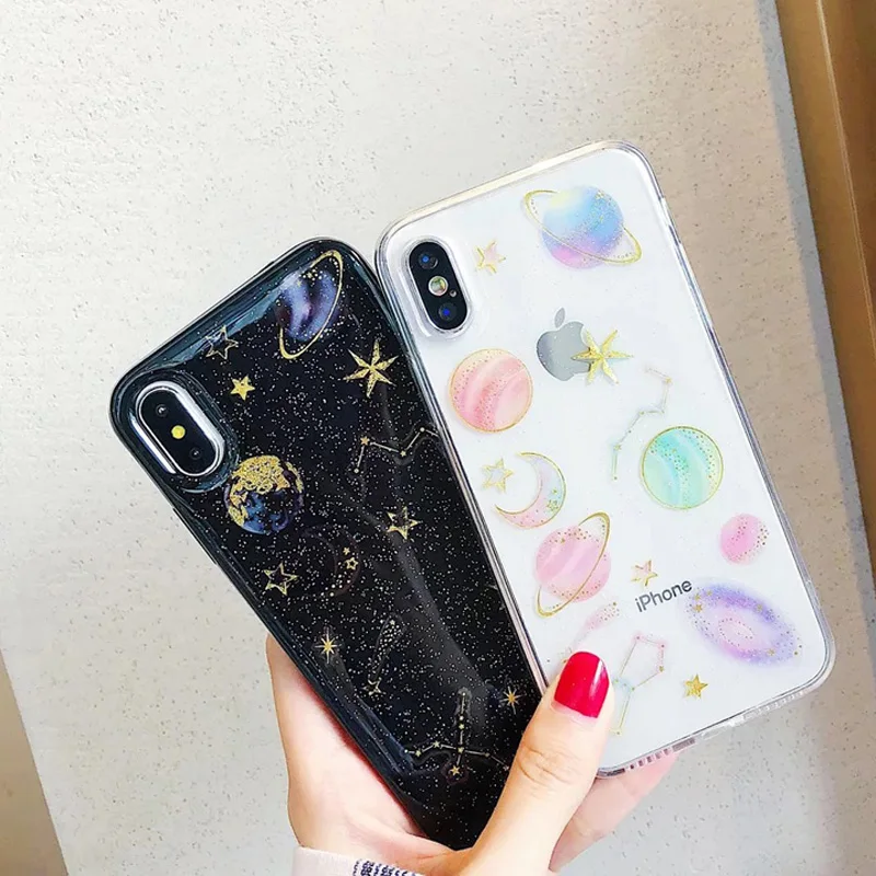 

Fashion Sticker Planet Bling Glitter Phone Silicone Skin Cover Shell Coque Funda for Apple iPhone 6 6S 7 8 Plus X XS MAX XR Case