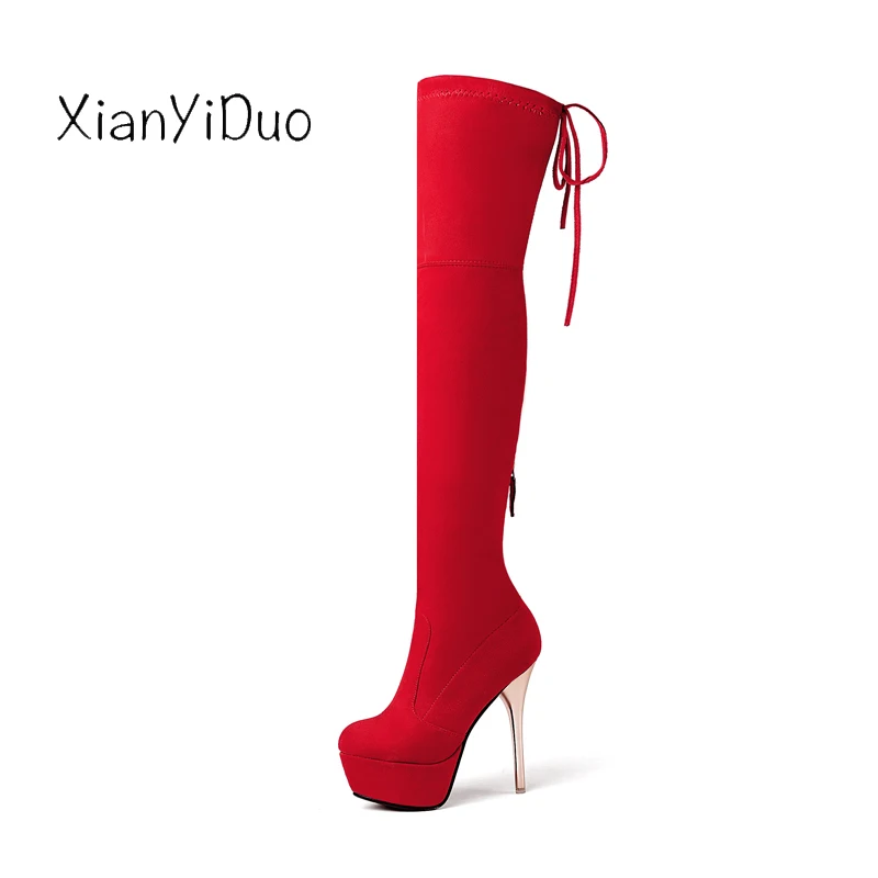 

Xianyiduo Platform shoes Women's Micro stretch shaft Thigh-high stretch suede boots zipper high heel Over the Knee big size34-43