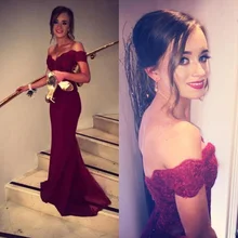 Vestidos 2017 Sexy Burgund Abendkleider Meerjungfrau Weg Von der Schulter Spitze Satin Prom Kleider Lange Abendkleider Formale Party