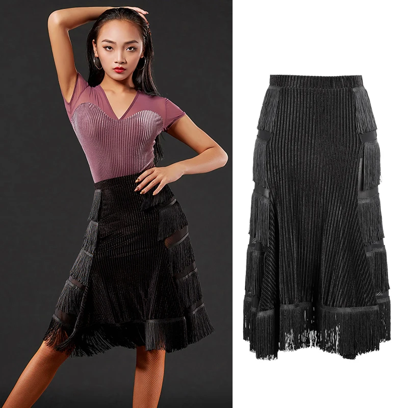 

Fashion Women Latin Dance Skirt Fringe Skirt Tango Ballroom Sexy Practice Dancing Tassel Skirts Performance Dance Wear DQS2550