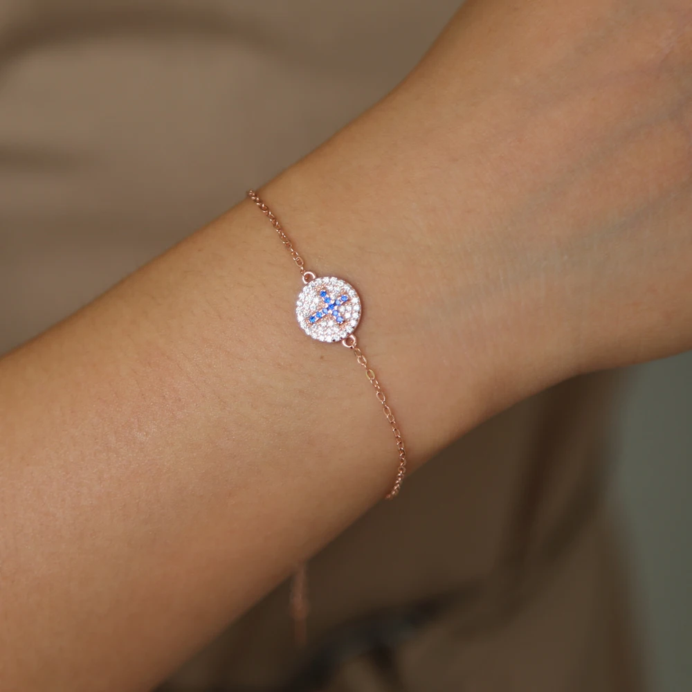 

Stunning fine 925 pure silver round charm cross bracelets micro pave cubic zirconia delicate cute simple bracelet adjustable