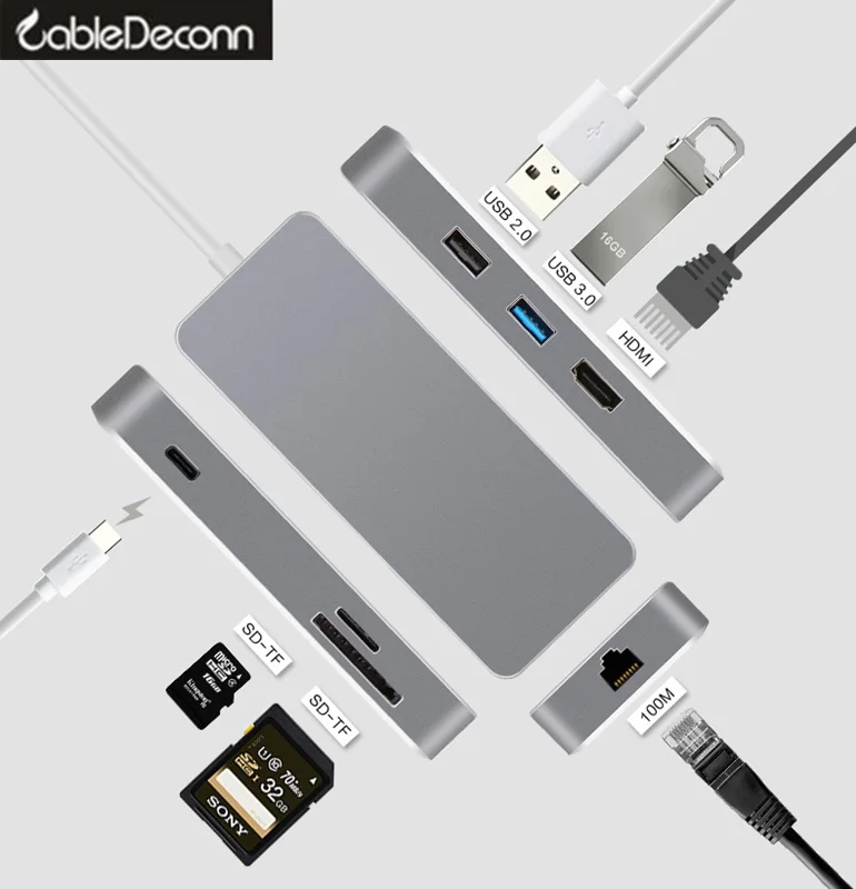 Thunderbolt 3 dock hdmi ethernet rj45 usb typ c hub Adapter Multiport usb3.0 usb c ladung tf sd karte kabel Für macbook pro 2017 Günstig