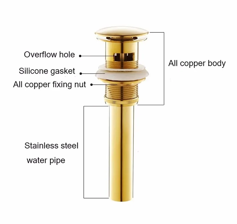 Слив хорошего качества, твердая латунь, ванная комната, туалет, раковина, всплывающий слив с золотой отделкой, запчасти для ванной комнаты, кран, аксессуары, HJ-0618K