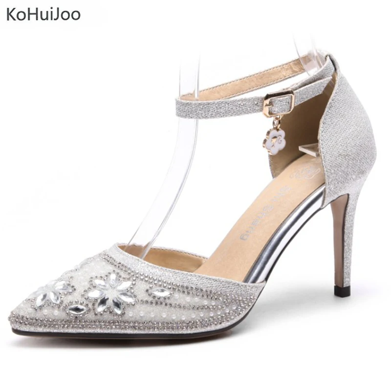 

KoHuiJoo 2018 New Model Sexy Sequined Women Sandals Stiletto High Heels Pumps Silver Pointed Toe Sandals Plus Size Ladies Shoes