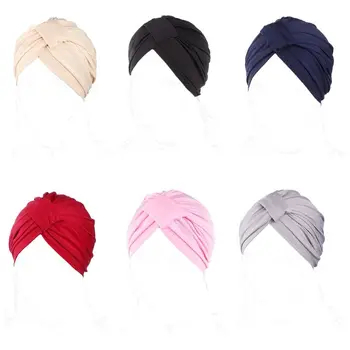 

Women Polyester Turban Hat Knotted Front And Back Solid Pleated Chemo Cap Hijab