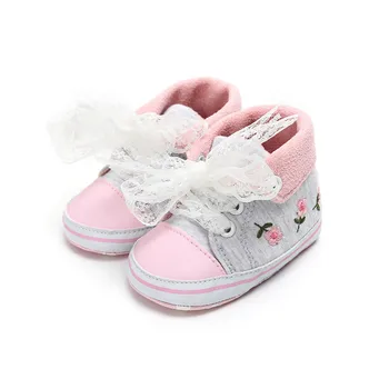 

New Design Baby Shoes For Girl Embroidery Flower Lace-up Anti-slip Sneakers Newborn Baby Spring Autumn Toddlers Shoes Wholesale