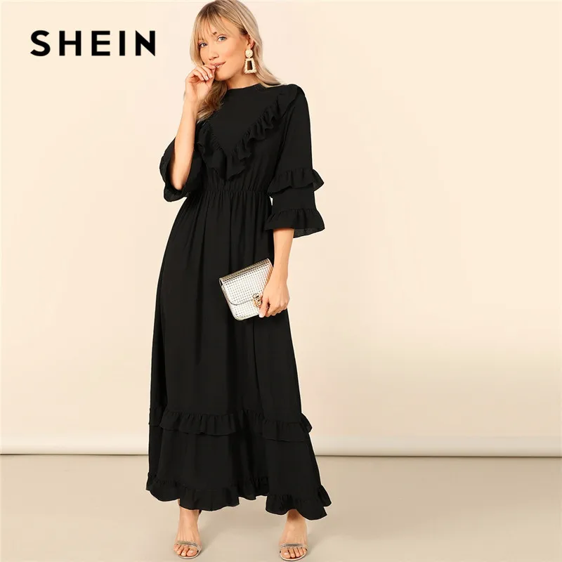 

SHEIN Keyhole Back Layered Flounce Trim Hijab Black Maxi Dress Women Spring Modest Solid Flounce Sleeve High Waist Long Dress