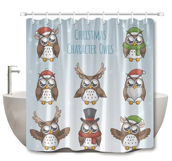 

LB Funny Cute Christmas Character Owls Cartoon Shower Curtain with Mat Mildew Resistant Bathroom Fabric For Kids Bathtub Decor