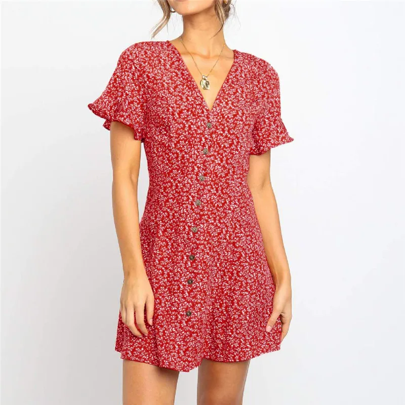 

Chiffon Women's Dress Summer Mini Chiffon Dress Printed Short Sleeved Ruffled Dress V-Neck Buttons Flare Sleeve Dress