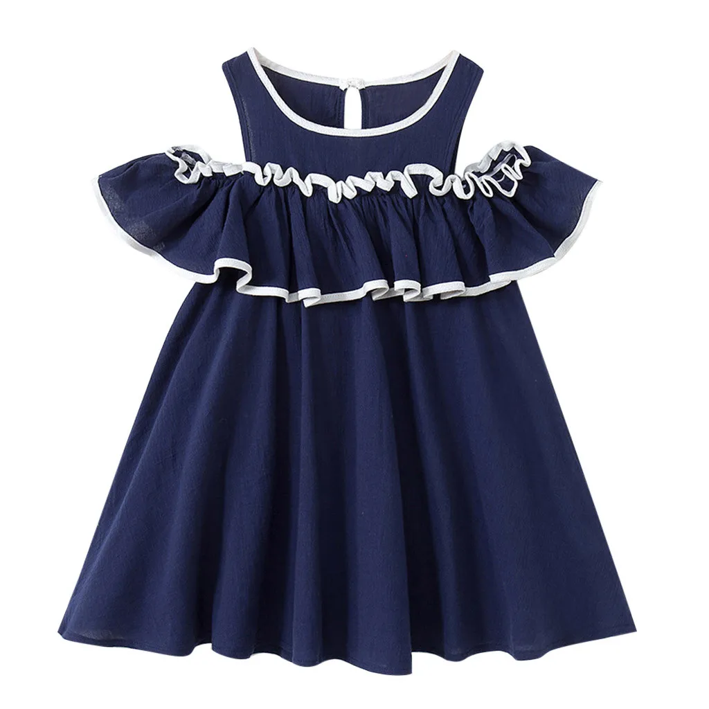 

Toddler Summer Refreshing Girl Off Shoulder Lotus Leaf White Sleeveless Vest Navy Blue Dress Vestito da Ragazza Kids Summer