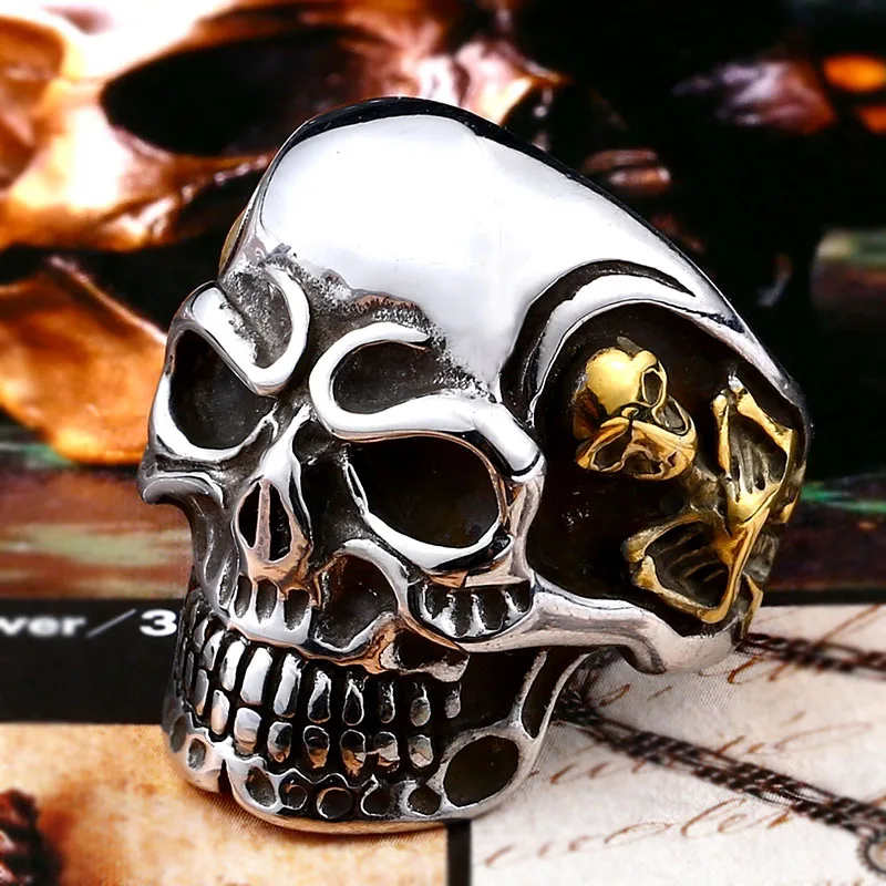 

Beier new store 316L Stainless Steel ring top quality Big Tripple Skull Ring Punk Biker jewelry LLBR8-068R