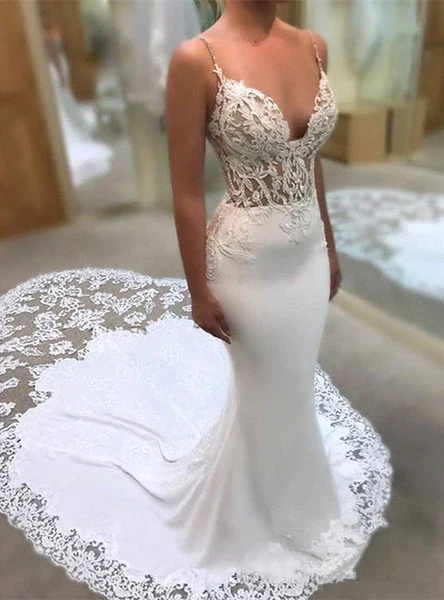 2019 Spaghetti Straps Lace Mermaid Wedding Dresses Illusion Satin Tulle Applique Court Train Bridal Gowns robe de mariée BA9941