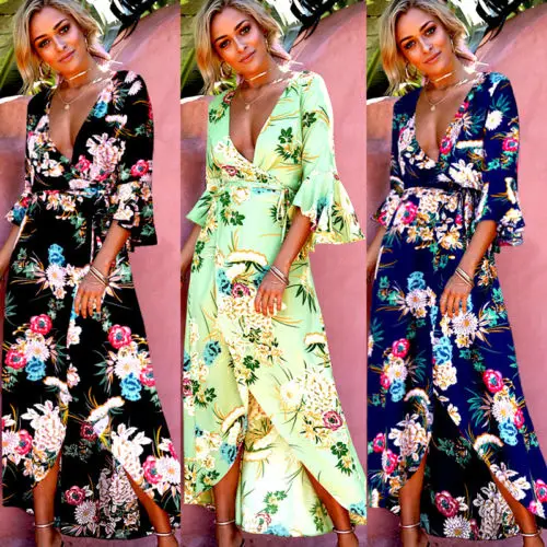 

Women Summer Bohemian Dress Deep V-Neck Flare Sleeve Print Evening Party Dresses Sundress