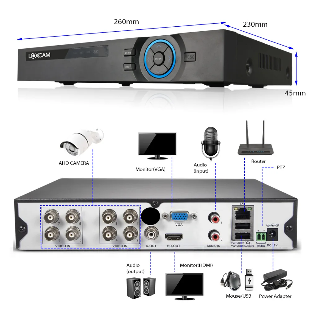 LOXCAM 8-канальная система видеонаблюдения 960h dvr комплект 8 шт. 1000tvl безопасности Крытый Купол ИК ночного видения камера система DVR Комплект hdmi 1080p dvr