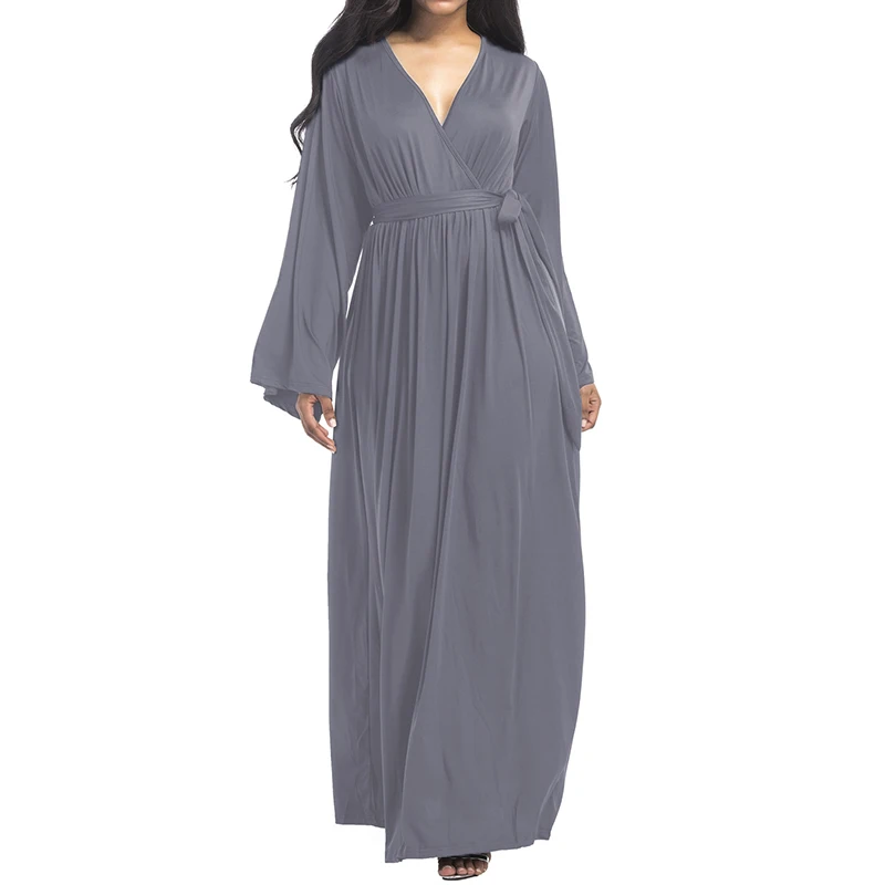 

Plus Size Women Elegant Robe Dress Autumn New Long Sleeve Deep V Neck Loose Long Maxi Dress Casual Party Dresses With Belt