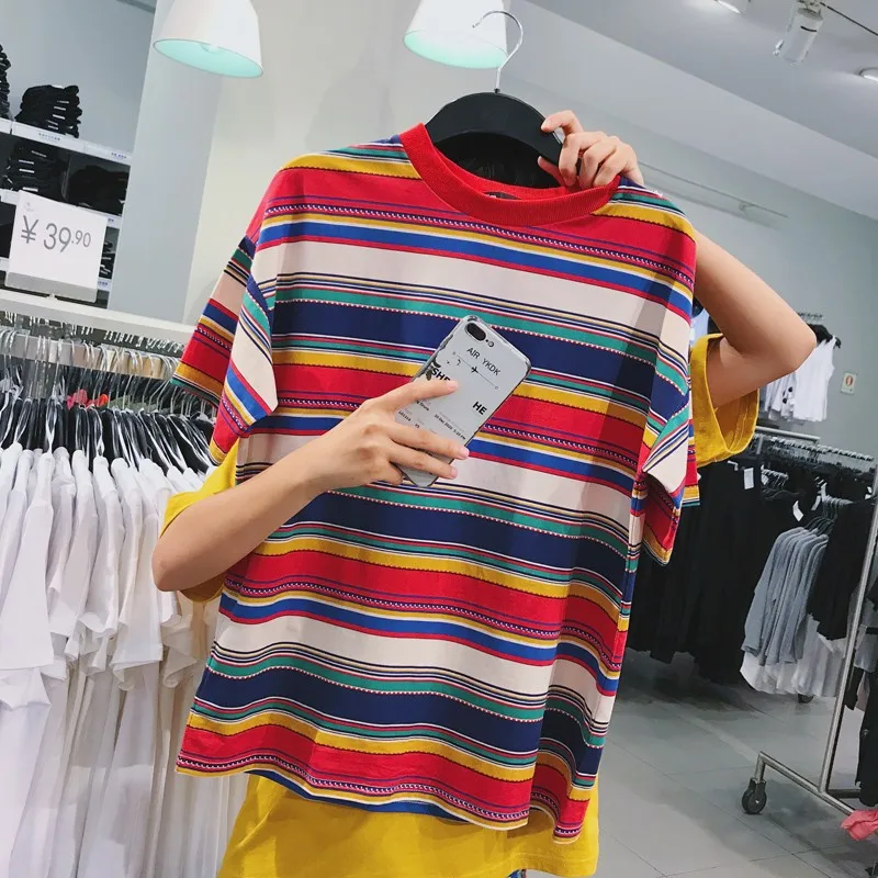 Радужная полосатая футболка для мужчин Harajuku с круглым вырезом летние топы свободные футболки с коротким рукавом
