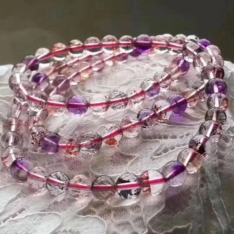 

6.5mm Genuine Natural Colorful Purple Super 7 Melody Stone Crystal 3 laps Bracelet For Women Lady Gift Stretch Necklace AAAAA