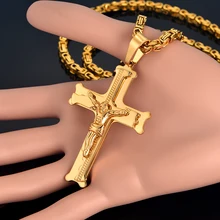 Aço inoxidável Grande 2018 Jesus Cristo Crucifixo Cruz Colar dos homens da Cor do Ouro Colares Pingentes Jóias Cristão Para Os Homens do Sexo Masculino(China)