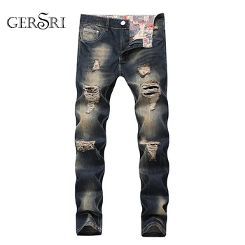 

Gersri New Fashion Ripped Jeans Men Patchwork Hollow Out Printed Beggar Cropped Pants Man Cowboys Demin Pants Male Drop shipping