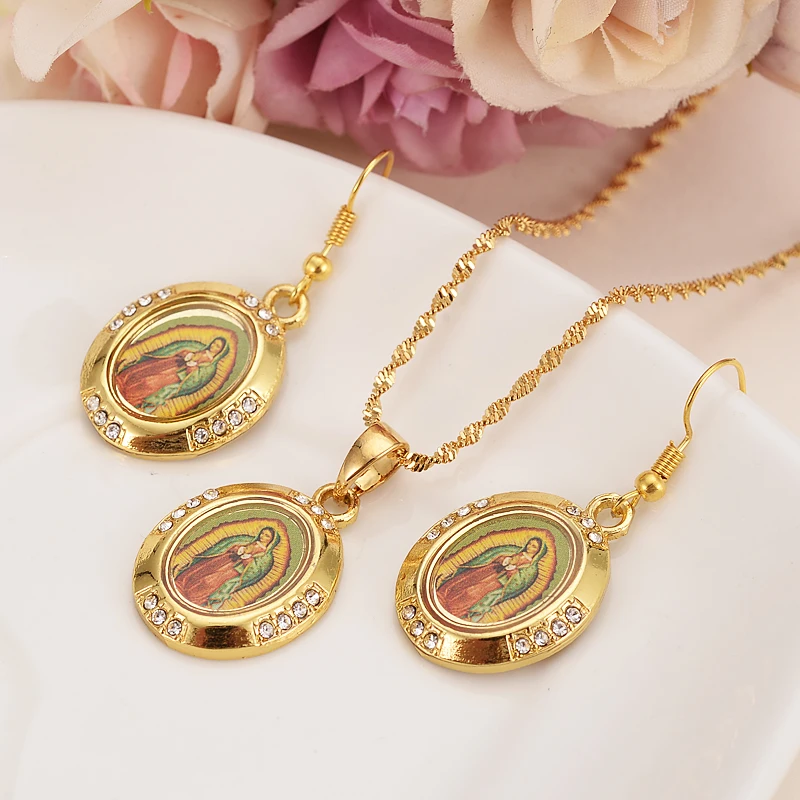 gold Virgin Mary Pendant Necklace diamond cz drop earrings for Women Girls Our Lady Jewelry