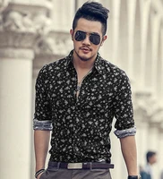 2016 New Spring Fashion Men Clothes Flower cotton Slim Fit Men Long Sleeve Shirt Men Flax
