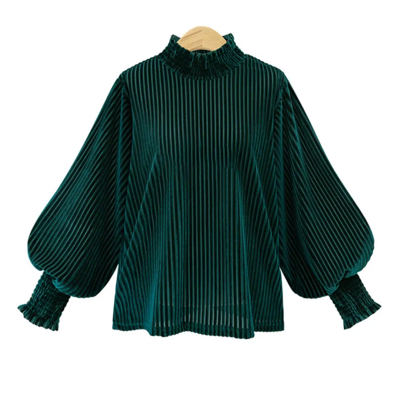 Элегантные свободные бархатные блузки для женщин, повседневные, с рукавом-фонариком,, весна-лето, винтажные женские рубашки, одноцветные Зеленые офисные женские топы - Цвет: green