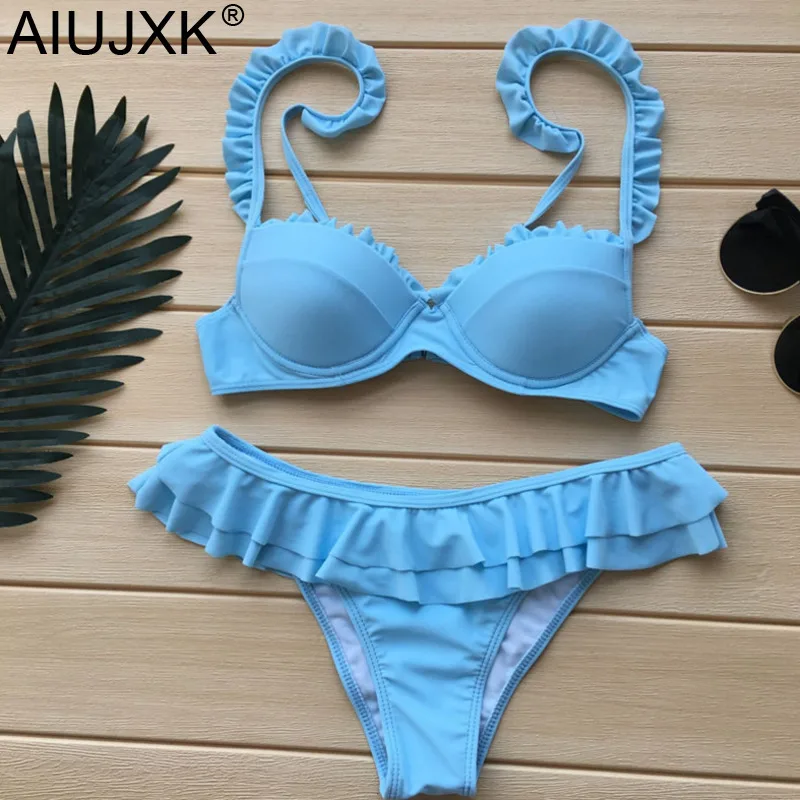 

AIUJXK Summer Beach Push Up Underwire Swimwear Women Neon Bikini Set 2019 Ruffles 2 Piece Swimsuit Female Thong Bathing Suit