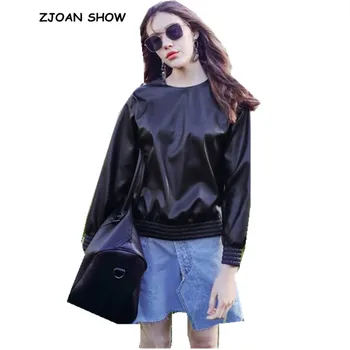 

Vintage Black Pullover PU Leather Sweatshirt 2018 Women Loose Back Zipper Elastic Hem Cuff Leather Sweats Coat Outerwear Tops
