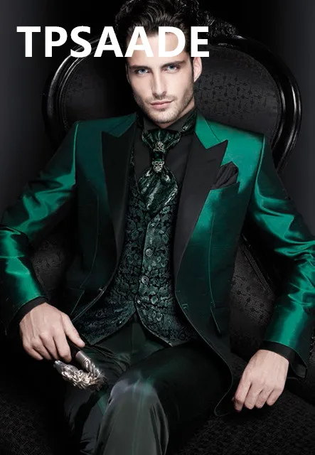 Новое поступление, итальянский зеленый мужской костюм, атласный обтягивающий официальный смокинг для жениха, мужской пиджак, 3 предмета, пиджак+ брюки+ жилет - Цвет: as picture