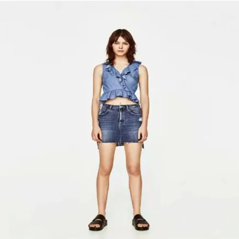 

2018 Summer Solid Short Woman Falbala Vest Cowboy Tank Tops Bandage Sleeveless Maternity Tops
