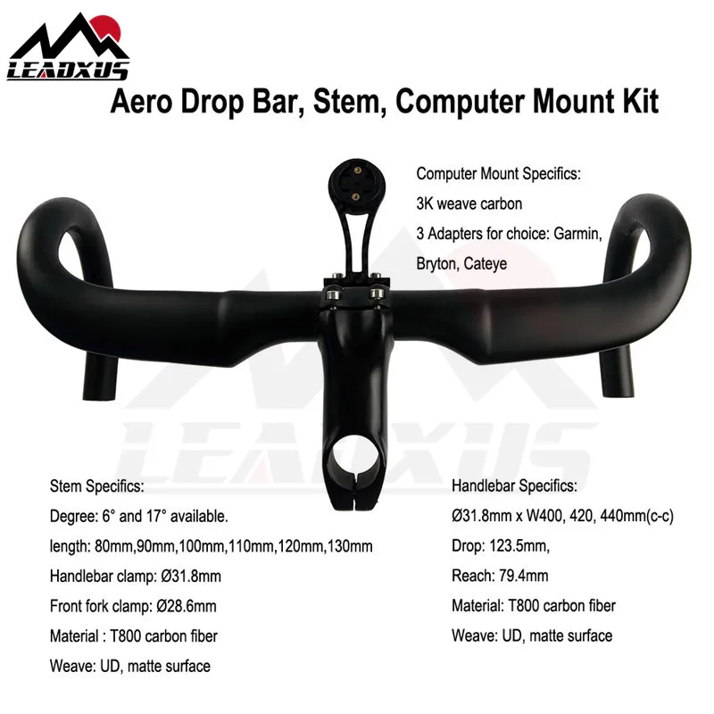 

LEADXUS ZHB05 Aero Carbon Road Bike Handlebar Road Carbon Handlebar+6/17 Degree Carbon Stem+For Garmin/Bryton/Cateye Mount