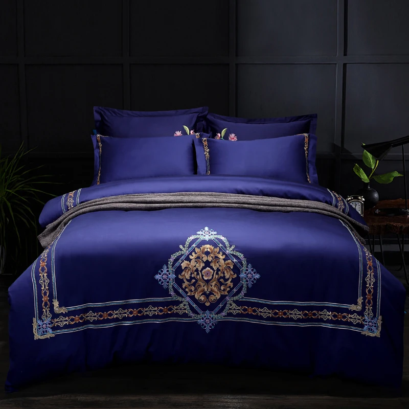

Blue green egyptian cotton embroidery luxury Bedding Set queen king size bed set soft Bedsheets linen wedding Duvet cover set 40