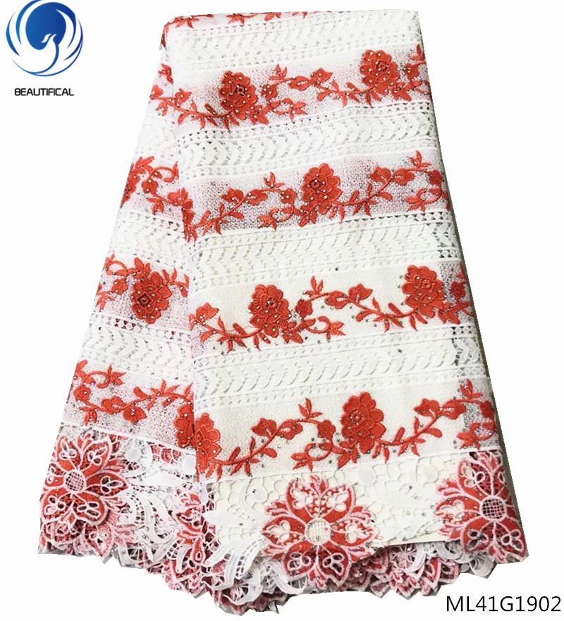 

BEAUTIFICAL guipure lace fabric african net lace fabrics with rhinestones 2019 hot sale water soluble fabric 5yards/lot ML41G19