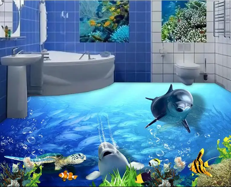 

custom self-adhesive wallpaper 3d floor murals for living room bathroom wallpaper Dolphins Turtles waterproof 3d floor