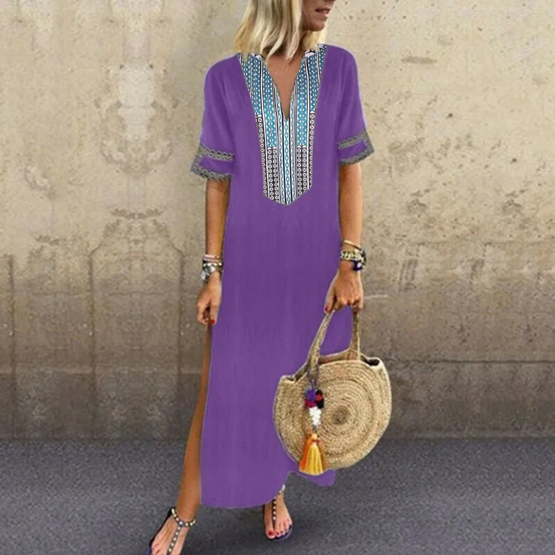 Laamei New Oversized Women's Long Dress Summer Boho Slim Flower Print Short Sleeve Dress Beach Slit Black Dresses 5XL