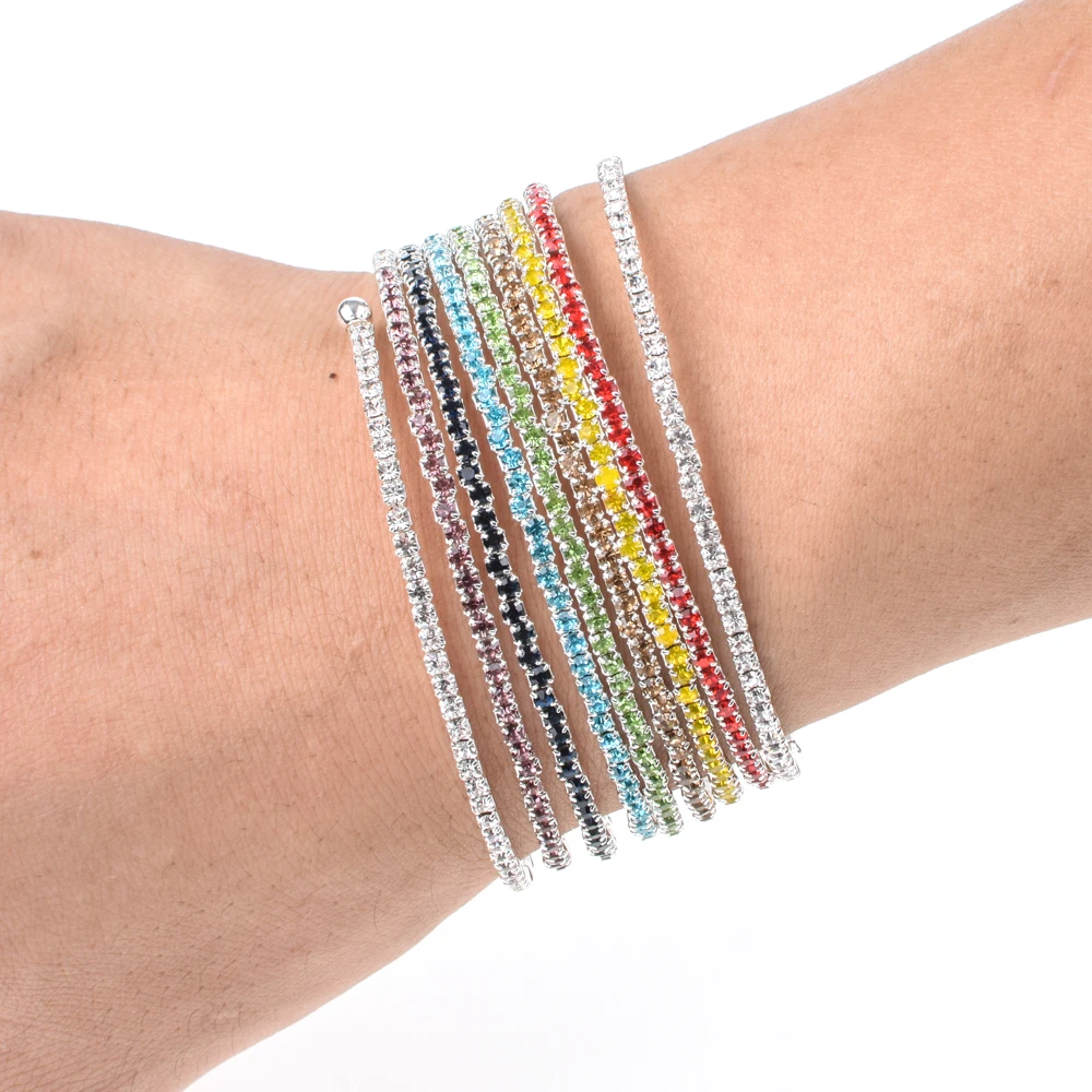 

Fashion Multi Layer Colorful Rhinestone Bangles Stretch Winding Bracelet Silver Color Alloy Wide Bangle For Women Luxury Jewelry