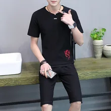 Полиэстер вышитый хлопковый и льняной костюм Мужской Повседневный Ретро с короткими рукавами китайский льняной комплект из двух предметов костюм