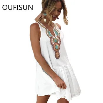 

Oufisun 2020 Summer Sexy Boho Floral Print Mini Dress Casual Loose Back Button Sleeveless Dresses Fashion Women Dress Vestidos