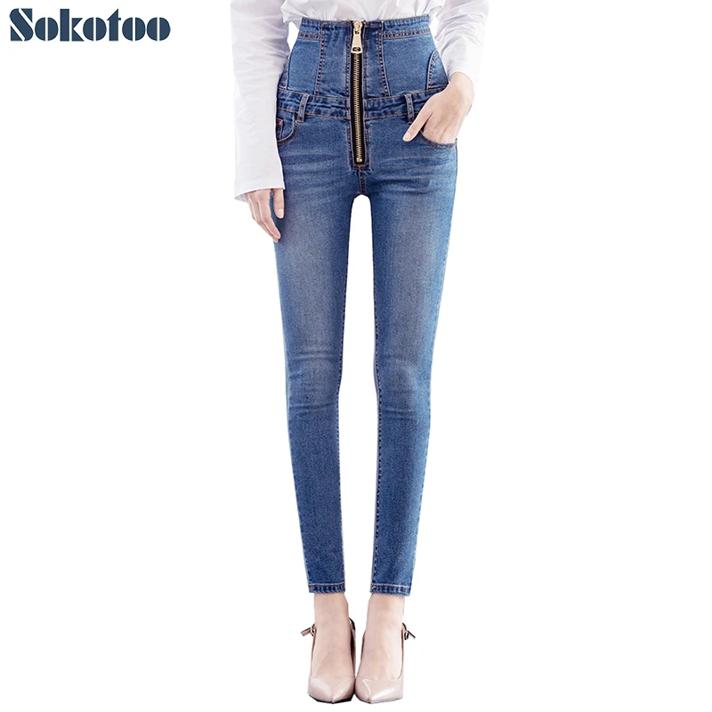 

Women's high waist zipper lace up skinny pencil jeans Blue black stretch denim pants