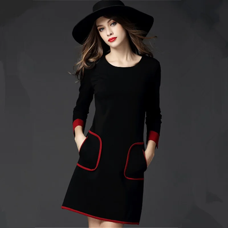 Черное Хлопковое платье с длинным рукавом размера плюс, женское повседневное свободное Мини платье на осень и зиму, вечерние платья