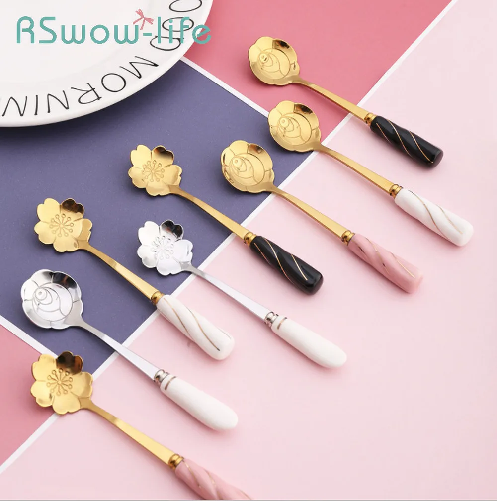 

Ceramic Handle Mug Flower Spoon Creative Coffee Stirring Spoon Golden Cherry Rose Spoon For Teaspoons