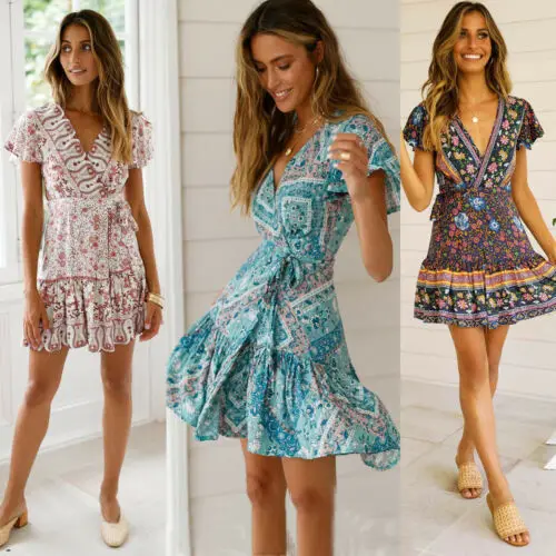 

Vintage How Sale Women Short Sleeve V-neck high-waist Lace-up Boho Floral Print Mini Dress Lady Summer Casual Beach Dress