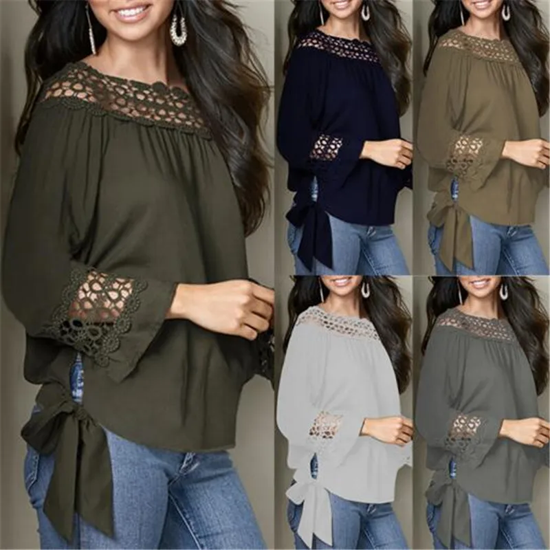 

summer top lace patchwork shirt women clothes 2019 casual long sleeved bow tie women shirt 3XL streetwear 5 colour tops