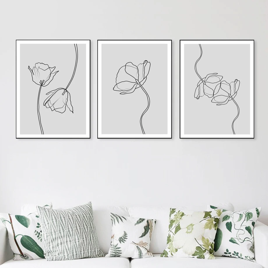 

Hand Painted Lines Flower Wall Art Canvas Painting Nordic Posters And Prints Black White Wall Pictures For Living Room Decor