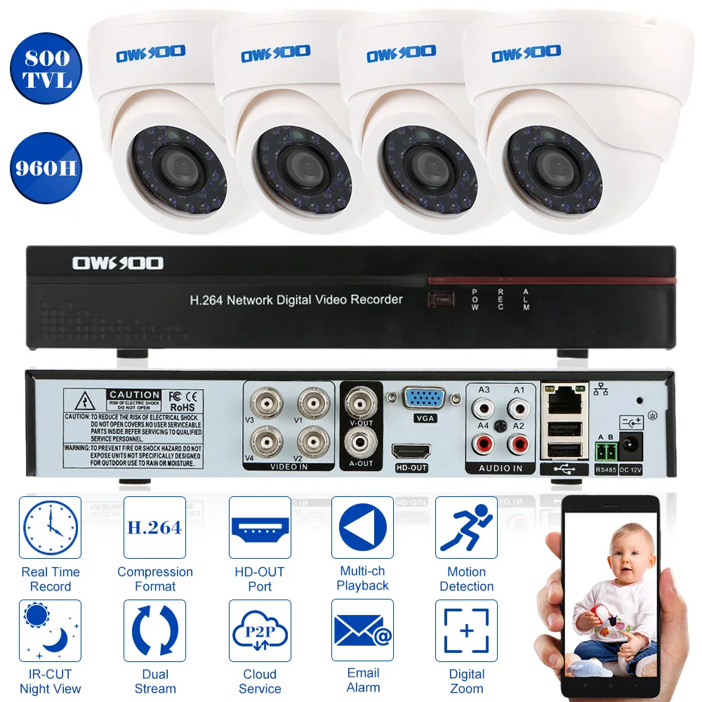 

OWSOO Security Camera System 4CH CCTV Surveillance Kit 4pcs 800TVL CCTV Camera Plug and Play Surveillance Kit Night Vision